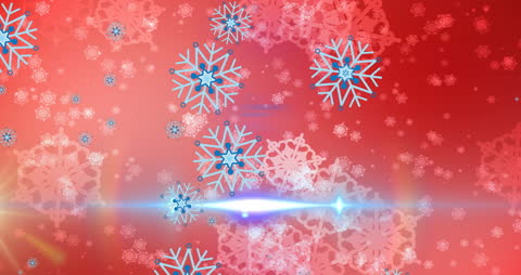Festive Red Background with Falling Snowflakes and Light Burst