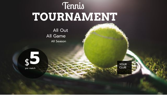 Tennis tournament event advertisement featuring a tennis ball and racket on green grass. Use for promoting tennis competitions, sports events, and club activities. Ideal for online marketing, social media posts, and print banners.