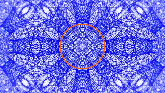 Suitable for use as a tech background or wallpaper, modern designs, digital art projects, and futuristic visuals. The blend of blue geometric structures with an orange central circle creates a vivid symmetrical artwork, making it ideal for graphic design, presentations, and creative illustration.