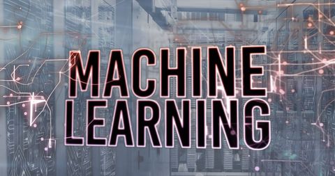 Machine Learning Text with Digital Connections Against Server Room Background - Download Free Stock Images Pikwizard.com