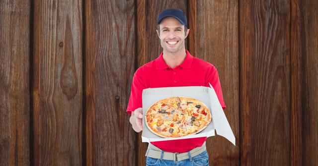 Delivery man is wearing a red uniform and cap, holding an open pizza box against a rustic wooden wall background. Ideal for use in food delivery services promotions, restaurant advertisements, or fast food marketing materials.