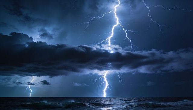 Cinematic night ocean lightning striking through low cloud bank, dramatic storm horizon
