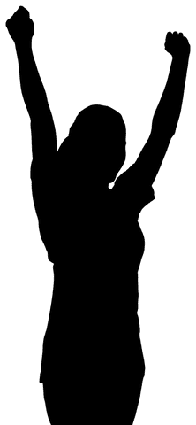 Silhouette of woman cheering with arms raised on transparent background