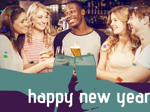 happy friends toasting new year celebrations at lively bar gathering - Download Free Stock Templates Pikwizard.com