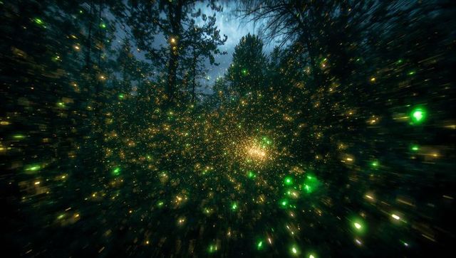 Glowing particles vibrantly emanating in enchanted woodland
