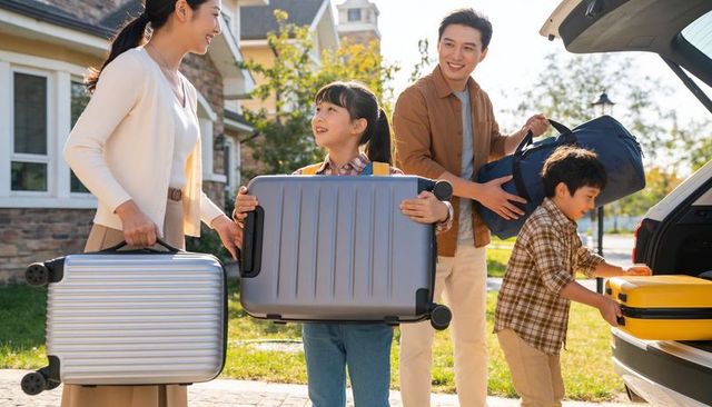 Happy family loading suitcases into car for family road trip and weekend getaway outdoors