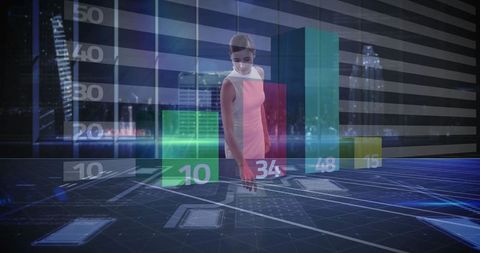 Data analyst managing holographic bar charts in futuristic environment