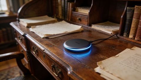 Ambient glowing smart hub on antique wooden desk with vintage manuscripts and books