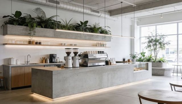 Minimalist concrete coffee bar featuring espresso machine and lush indoor planters