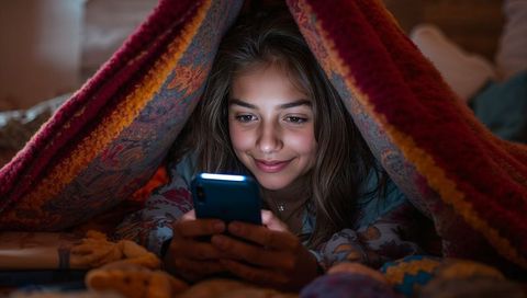 Teen girl enjoying smartphone under blanket fort at night