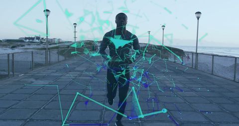 Futuristic technology with man running on boardwalk