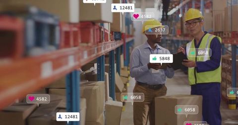 Warehouse team auditing inventory with tablet and digital analytics overlay
