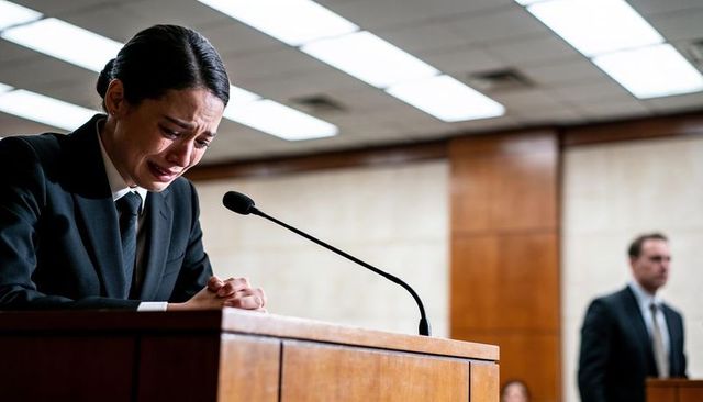 Crying asian woman testifying at courtroom lectern gripping podium emotional testimony