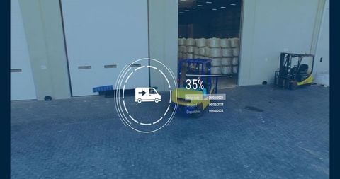 Warehouse loading dock with forklifts, wrapped rolls and logistics hud overlay