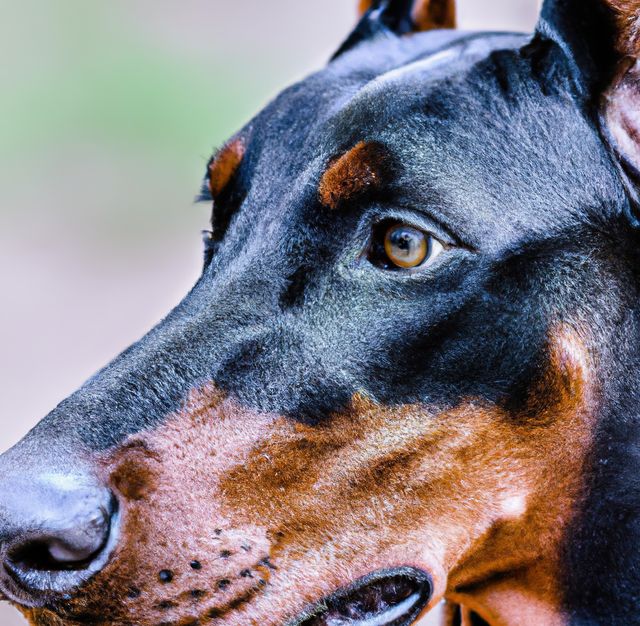 Close-up of an alert Doberman Pinscher with a focused expression. Ideal for use in pet care articles, dog training resources, advertisements, and creating awareness about dog breeds and their characteristics.
