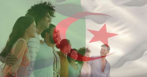 Diverse group celebrating unity with algerian flag overlay