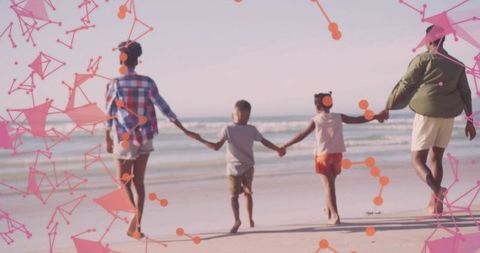 Family Bonding at Beach with Digital Network Overlay