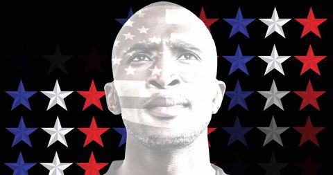 American Flags Overlay on Man Celebrating Patriotism