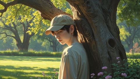 Leaning teen in cap next to old tree trunk in sunlit park - shy concept