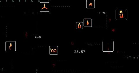 Dark telemetry dashboard displaying energy, emissions CO2 tiles with glowing readout 25.57