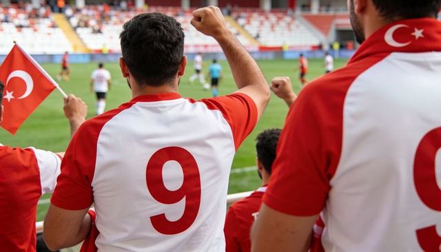 Turkish football fans cheering with raised fists and jersey number 9 at stadium