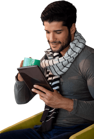 Transparent Tech-Savvy Man Relaxing with Tablet and Tea