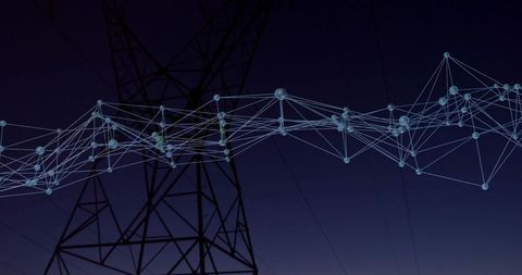 Glowing Mesh Network Connecting Power Grid and Digital Data Visualization at Dusk