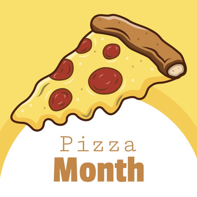 Illustrative image of pizza slice with pizza month against yellow background, copy space. Vector, white, pizza, food, enjoyment and celebration concept.