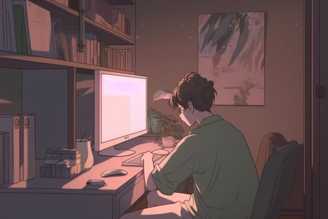 Boy using computer by desk in room in pastel colours, created using generative ai technology. Interior design and home decor concept digitally generated image.