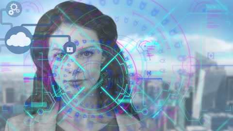 Futuristic Technology Interface Overlaying Cityscape and Woman