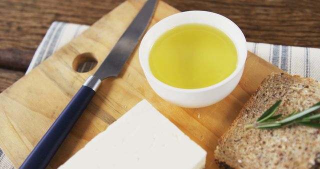 Fresh Bread with Olive Oil and Feta Cheese on Wooden Board - Download Free Stock Images Pikwizard.com