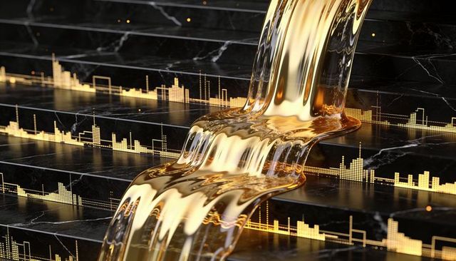 Flowing liquid gold cascading over black marble steps with glowing data waveforms