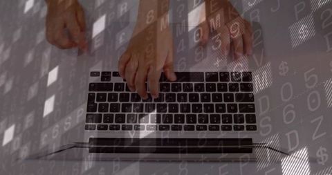 Hands Pressing Laptop Keys Overlaid with Data Symbols and Codes