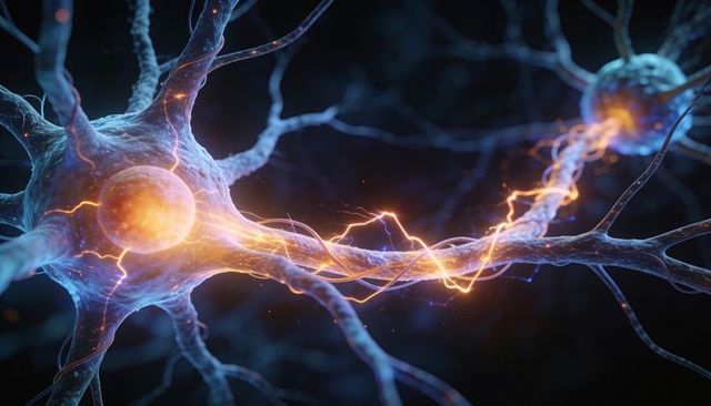 Neurons transmitting impulses along axons and dendrites, glowing synaptic connections