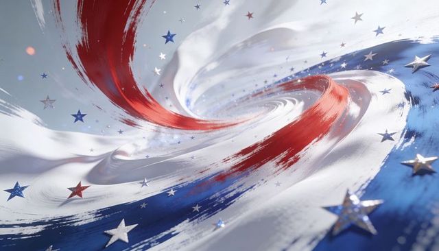 Swirling red white blue brushstrokes with metallic stars and fabric texture