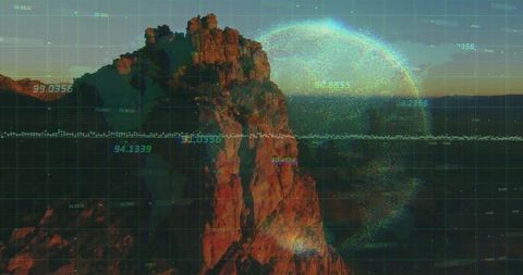 Futuristic Landscape with Cliff and Digital Data Overlay