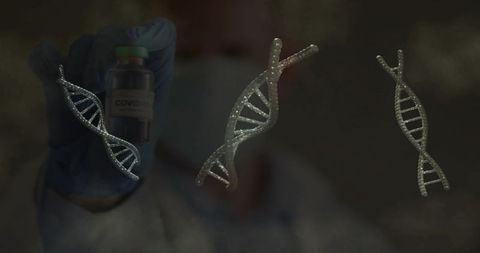 Holding gloved hand presenting covid-19 vaccine vial with floating dna helix in lab