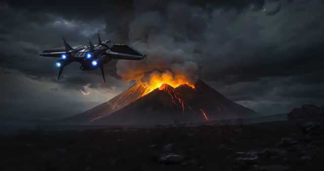 Futuristic Spacecraft Navigating Erupting Lava Volcano