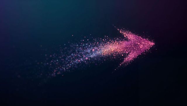 Neon particle arrow pointing right with glowing trail and dynamic bokeh on dark gradient