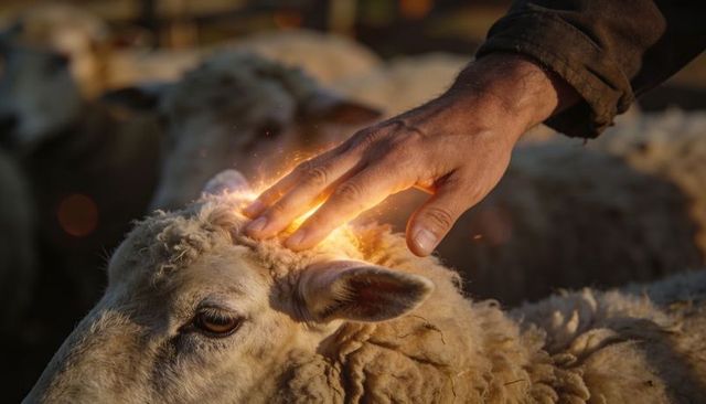 Farmer hand stroking woolly sheep head in golden sunset glow, closeup pastoral care moment