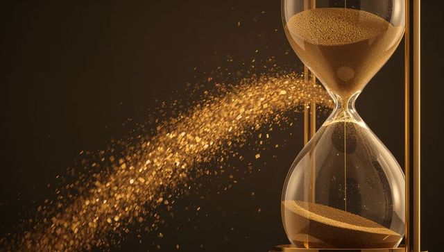 Pouring golden sand through ornate hourglass with shimmering metallic frame