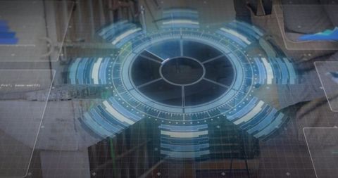 Holographic circular hud projecting over lab bench while technician analyzing blue data panels