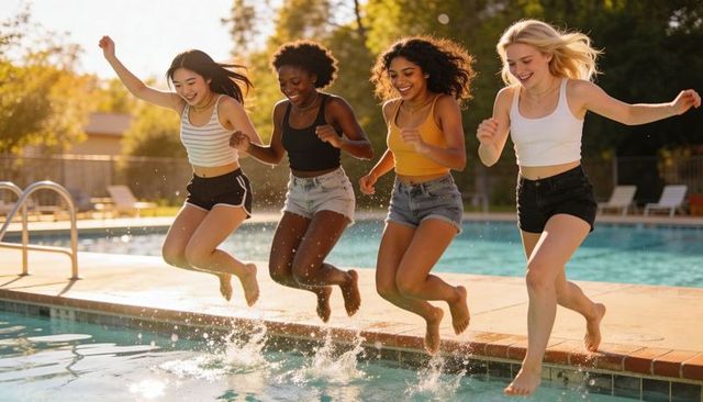Four friends jumping into pool splashing summer joy and vibrant friendship