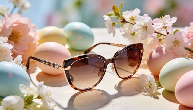Tortoise cat-eye sunglasses with gold temples, pastel easter eggs and spring blossoms