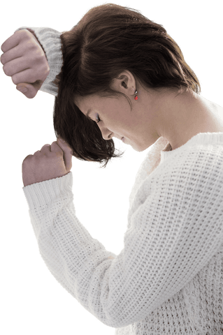 Transparent profile view of woman leaning against wall in thought