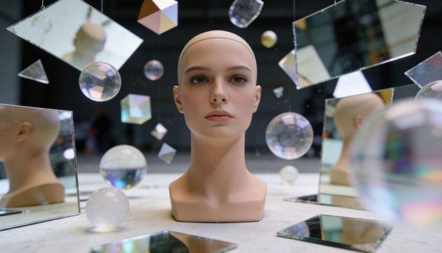 Mannequin head surrounded by floating mirrors and prismatic glass orbs in installation