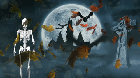 Spooky Halloween Scene with Skeleton and Full Moon