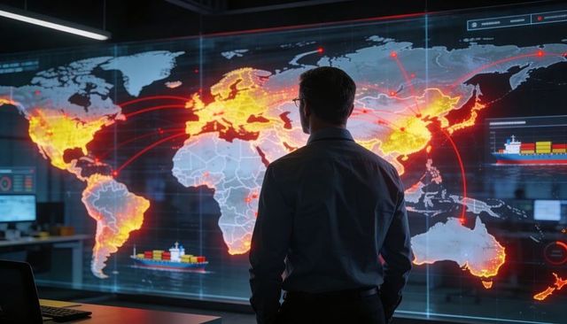 Logistics Analyst Monitoring Global Supply Chain Heatmap and Shipping Routes on Digital Map