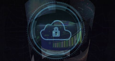 Secure Cloud Analytics HUD with Lock Icon and Rising Data Bars for Cybersecurity