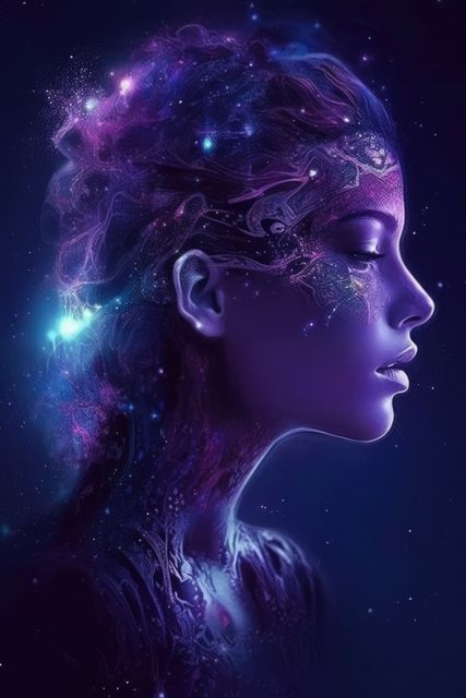 Female head made of blue shapes and trails over stars, created using generative ai technology. Cosmos, space and planets, spirituality concept digitally generated image.